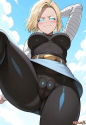 ai_generated android_18 belt belt_buckle blonde_hair blue_eyes blue_skirt blush breasts cameltoe clouds cute cute_face dragon_ball dragon_ball_super dragon_ball_z eyelashes falling female flying from_below front_view glowing_eyes happy looking_at_viewer outdoors pussy_outline shirt sky smile smug spur//. striped_sleeves