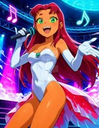 2025 4kids_entertainment ai_generated anime cartoon_network cosplay cosplayer dcau deviantart elryusam goldeen goldeen_(cosplay) green_eyes_female holding_microphone looking_at_viewer meta nintendo not_porn open_mouth orange_body orange_cheeks orange_skin red_eyebrows red_hair_female singing singing_to_viewer smile_at_viewer smiling_at_viewer stage starfire_(teen_titans) teen_titans white_gloves