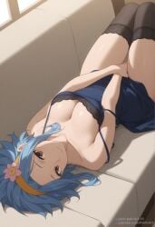 1girls absurd_res absurdres ai_generated bare_thighs bbw bedroom_eyes big_breasts black_legwear black_thighhighs blue_lingerie brown_eyes busty cleavage couch dress fairy_tail female female_focus female_only hair_flower hairband hi_res high_resolution highres large_breasts legwear levy_mcgarden light-skinned_female light_skin lingerie looking_at_viewer looking_up lying lying_on_back medium_hair messy_hair on_back pakfaia pale-skinned_female pale_skin perky_breasts shoulder_length_hair sleeveless sleeveless_dress smile smiling smiling_at_viewer sofa solo solo_female solo_focus stockings thick_thighs thighhighs thighs very_high_resolution voluptuous voluptuous_female wavy_hair