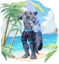 567wzh abs absurd_res anthro beach biceps blaidd_(elden_ring) bracelet canid canine canis clothing elden_ring fromsoftware hi_res jewelry male mammal muscular muscular_anthro muscular_male one_eye_closed outside palm_tree pecs plant scar scars_all_over sea standing surfboard swimming_trunks swimwear tree water wink wolf