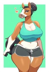 2d ai_generated anime_style anthro anthro_female athletic_shorts black_shorts blue_eyes blue_top brown_fur casual_pose cel_shading clean_lineart curvy_body dark_hair digital_art draft_horse drawstring equine_humanoid equine_tail exercise_clothing female fitness_theme flirty_expression furry_female furry_focus green_background hair_bun hairband heart_symbols horse_head humanoid_female large_breasts majorfluffy mature_female side_smile simple_background sleeveless_top solo species_transformation sports_bra thick_thighs tight_top upright_ears visible_navel waistline white_markings wide_hips