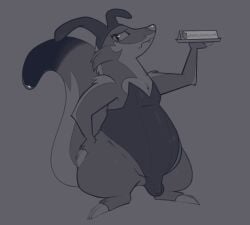 2025 anthro badger belly bulge claws clothed clothing detailed_bulge digital_media_(artwork) english_text eyelashes fake_ears fake_rabbit_ears fangs feet finger_claws fingers front_view full-length_portrait fur genital_outline grey_background greyscale hand_on_hip holding_plate hybrid leotard looking_at_viewer male mammal mephitid monochrome mustelid musteline overweight overweight_anthro overweight_male pear-shaped_figure penis_outline pinnip_(pinnipip) pinnipip playboy_bunny portrait raised_tail semi-anthro simple_background skunk snout solo standing tail teeth text thick_thighs three-quarter_view toe_claws toes wavy_mouth wide_hips