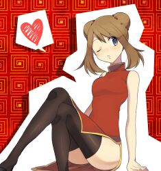 arm_support ass_visible_through_thighs bare_arms bare_shoulders black_thighhighs blue_eyes blush breasts brown_hair china_dress chinese_clothes crossed_legs double_bun hair_bun may_(pokemon) medium_breasts medium_hair one_eye_closed parted_lips petagon pokemon red_dress sitting sleeveless_dress thighhighs thighs zettai_ryouiki