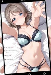 ai_generated blue_eyes bra breasts brown_hair cleavage love_live! love_live!_sunshine!! navel panties reaching_out short_hair stomach underwear watanabe_you