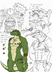 2013 abs alligator alligatorid animal_genitalia annoyed anthro bite black_markings clothed clothing crazydrak crocodilian dated duo eyebrow_piercing eyebrow_ring facial_piercing genital_slit genitals green_body holding_newspaper holding_object human jewelry male mammal markings mouth_closed narrowed_eyes necklace newspaper nipple_piercing nipple_ring nipples nose_piercing nose_ring nostril_ring nude partially_colored pecs piercing reading_newspaper reptile ring_piercing scalie signature simple_background sketch_page solo stressed striped_legs topless yellow_body yellow_eyes