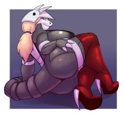 2020 aggron ass big_breasts black_body black_skin blonde_hair breasts female female_only furry garlyn_lynn high_heel_boots lavenderpandy long_boots long_hair looking_at_viewer looking_back nintendo nipples original original_character pokemon pokemon_(species) purple_background purple_eyes thick_thighs thighs white_background white_border white_skin