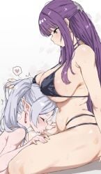 2girls bikini black_bikini blush breast_rest breasts breasts_on_head censored closed_eyes cum earrings elf fellatio female fern_(sousou_no_frieren) frieren futa_with_female futanari hair_ornament heart heavy_breathing highres intersex jewelry large_breasts long_hair m_k mosaic_censoring multiple_girls oral penis pointy_ears purple_eyes purple_hair sitting sousou_no_frieren spoken_heart sweat swimsuit thick_thighs thighs two_side_up white_hair