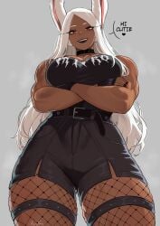 animal_ears black_lipstick dark-skinned_female dark_skin english english_text eyeshadow fingerless_gloves fishnets goth goth_girl kalennoir long_hair looking_at_viewer mirko miruko muscular muscular_arms muscular_female my_hero_academia painted_nails parted_bangs rabbit rabbit_ears rabbit_girl shorts text tomboy toned toned_female white_hair