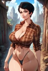 1girls 2d ai_generated big_breasts breasts cleavage curie_(fallout_4) fallout fallout_4 female female_focus female_only panties plaid plaid_skirt pockets shirt short_hair solo solo_female solo_focus standing tagme