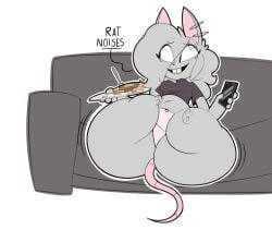 2021 3_toes 4_fingers anthro ass barefoot belly big_butt biped black_cellphone black_eyebrows black_eyes black_nose black_piercing black_smartphone black_text bottom_heavy bow_panties bow_underwear breasts buckteeth butt_jiggle cellphone clothed clothing colored crotch_seam cutlery dialogue digital_drawing_(artwork) digital_media_(artwork) ear_piercing electronics elisa_(maddeku) english_text eye_through_hair eyebrows eyelashes eyelashes_through_hair fancy_rat feet female female_anthro fingers flat_colors food fork front_view full-length_portrait fur furniture grey_body grey_clothing grey_ears grey_fur grey_shirt grey_sofa grey_t-shirt grey_tail grey_topwear hair hi_res holding_cellphone holding_food holding_object holding_phone holding_plate holding_smartphone jiggling kitchen_utensils long_hair maddeku mammal murid murine navel on_sofa open_mouth open_smile outer_highlight outline overweight overweight_anthro overweight_female pancake panties pantsless pantsless_anthro pantsless_female partial_speech_bubble partially_clothed partially_clothed_anthro partially_clothed_female pawpads phone piercing pink_clothing pink_inner_ear pink_panties pink_pawpads pink_tail pink_underwear plate portrait rat rattiesteps ring_piercing rodent shirt simple_background sitting sitting_on_sofa small_feet smartphone smile sofa solo t-shirt tail tan_teeth teeth text thick_thighs thigh_jiggle toes tools topwear translucent translucent_hair underwear wavy_hair white_background white_outline wide_hipped_anthro wide_hipped_female wide_hips