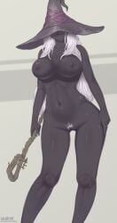 big_breasts character_request covered_eyes dark_skin eyes_covered long_hair pubic_hair staff tagme watcher101 white_hair wizard_hat