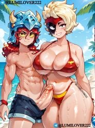 1boy1girl abs ai_generated beach big_breasts big_penis big_thighs bikini blonde_hair brawl_stars breasts dick draco_(brawl_stars) female huge_cock huge_thighs lumi_(brawl_stars) lumilover222 male smile strong_male thighs