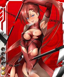 armpit blue_eyes blush fishnet nipples pussy_juice red_hair side_tail taimanin_(series) taimanin_asagi_battle_arena taimanin_asagi_battle_arena_all_card_gallery tights torn_clothes