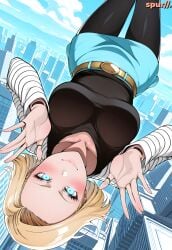 ai_generated android_18 belt belt_buckle blonde_hair blue_eyes blue_skirt blush breasts city_background clouds cute cute_face dragon_ball dragon_ball_super dragon_ball_z eyelashes falling female flying front_view glowing_eyes happy legs_up looking_at_viewer outdoors robot_girl robot_joints shirt sky smile spur//. striped_sleeves upside-down