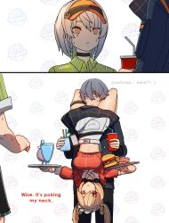 1boy 2girls anby_demara burnice_white ddd_(artist) drinks english_text female fries hamburger magic_skirt male midriff orange_eyes tagme thigh_band twintails upside-down waitress wise_(zenless_zone_zero) zenless_zone_zero