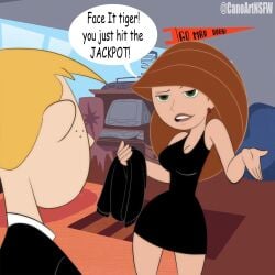 1boy 1girls 2d blonde_hair busty canoartnsfw canon_couple disney disney_channel dress female female_focus green_eyes hourglass_figure kim_possible kimberly_ann_possible long_hair male red_hair ron_stoppable speech_bubble tagme wide_hips