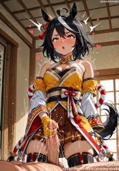 1boy ahoge ai_generated animal_ears bangs bare_shoulders black_hair black_legwear black_thighhighs blush breasts cleavage cleavage_cutout clothed_female clothed_female_nude_male clothing cum dark-skinned_female dark_skin detached_sleeves ejaculation erection female fingerless_gloves genital_fluids gloved_handjob gloves hair_between_eyes hair_ornament handjob heart horse_ears horse_girl horse_tail indoors jousneystudio kimono kitasan_black_(uma_musume) kitasan_black_(umamusume) kouhaku_nawa large_breasts large_penis legwear long_sleeves male male_pubic_hair medium_breasts multicolored_hair navel nipples nude open_mouth orange_eyes penis pubic_hair red_eyes robe rope sash semen sex shimenawa short_hair skirt solo_focus spread_legs straight streaked_hair sweat tail thighhighs thighs traditional_clothes uma_musume_-_pretty_derby umamusume umamusume_pretty_derby wafuku white_hair wide_sleeves
