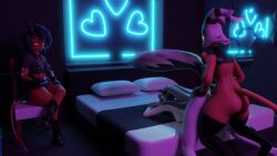 1boy 2girls anthro ass bed bedroom being_watched blender breasts cowgirl_outfit cuckquean doggy_style female furry hands_on_ass hellhound helluva_boss husband_and_wife imp interspecies loona_(helluva_boss) male millie_(helluva_boss) money moxxie_(helluva_boss) naked naked_female naked_male nude nude_female nude_male prostitution sex sex_from_behind strikefrommidnight tail wolf wolf_girl