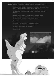 2023 anthro artist_name biped blurred_background border bottomwear bottomwear_down breasts clothed clothing digitigrade dinosaur dust_cloud english_text female hair hi_res koopacap mid_transformation monochrome night non-mammal_breasts open_mouth outside pants pants_around_ankles pants_down partially_clothed phone_call pregnant pregnant_anthro pregnant_female prehistoric_species raised_tail reptile rubble scalie sharp_teeth solo standing tail teeth text theropod three-quarter_view topwear torn_bottomwear torn_clothing torn_topwear tyrannosaurid tyrannosauroid tyrannosaurus tyrannosaurus_rex undersized_clothing white_border