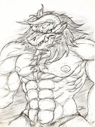 2013 abs anthro barely_visible_genitalia barely_visible_penis bottomwear clothed clothing crazydrak dated dragon front_view genitals hi_res inner_ear_fluff male mane monochrome mouth_closed muscular muscular_anthro muscular_male mythological_creature mythological_scalie mythology nipples pecs penis penis_base pupils scalie signature simple_background slit_pupils solo topless tuft