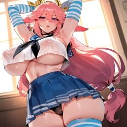 ai_generated armpits arms_up bangs black_panties blush breasts choker cosplay crop_top crop_top_overhang elbow_gloves female fourina genshin_impact gloves hair_between_eyes huge_breasts kitsune large_breasts long_hair looking_at_viewer low-tied_long_hair miniskirt naughty_face navel panties pink_hair pleated_skirt purple_eyes school_uniform see-through_clothing shimakaze_(kantai_collection) shimakaze_(kantai_collection)_(cosplay) skirt solo standing striped striped_legwear sweat thighhighs thighs thong underboob underwear very_long_hair yae_miko