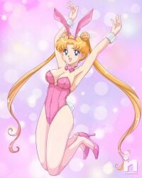 1girls alluring animal_ears artist_logo bishoujo_senshi_sailor_moon blonde_hair blue_eyes bunnysuit commission covered_erect_nipples female full_body happy jumping legs leotard logo medium_breasts nipples open_mouth pink_background pink_shoes playboy_bunny rabbit_ears rabbit_tail sailor_moon saotome_nanda shoes simple_background smiling_at_viewer solo tail toei_animation usagi_tsukino