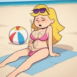 aged_up ai_generated beach beach_ball big_breasts bikini blonde_hair clifford_the_big_red_dog cum ejaculation emily_elizabeth erection eyewear_on_head futanari intersex long_hair masturbation older pbskids penis solo solo_futa sunglasses