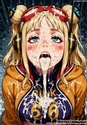after_fellatio ai_generated bangs blonde_hair blue_eyes blush blushing_at_viewer bodysuit breasts bukkake clothing cum cum_in_mouth cum_on_body cum_on_clothes cum_on_hair cum_on_tongue cumshot double_bun english_text eyewear eyewear_on_head facial female female_only freckles goggles goggles_on_head green_eyes hair_bun hair_ornament headphones hood hood_down hooded_jacket hoodie jacket jousneystudio large_breasts lips long_hair long_sleeves looking_at_viewer looking_up_at_viewer medium_breasts nipples one_piece one_piece:_egghead_arc open_clothes open_jacket open_mouth orange_jacket saliva semen semen_on_body semen_on_breasts semen_on_chest semen_on_tongue semen_on_upper_body smile solo solo_focus teeth tongue tongue_out trembling upper_body upper_teeth_only vegapunk_york yellow_jacket zipper