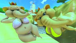 2girls alternate_form alternate_species anthro anthro_female anthro_only bikini castle drunk_crowley elephant elephant_daisy elephant_peach female female_focus female_only furaffinity_link furry furry_female furry_only lake mario_(series) nintendo princess princess_daisy princess_peach super_mario_64 super_mario_bros._wonder swimming swimsuit underwater