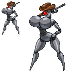 1girls 2017 big_breasts breasts cowboy_hat female female_only grey_body hat low_res lowres nuclear_throne pixel_art ranged_weapon red_eyes rifle robot sniper_(nuclear_throne) sniper_rifle solo transparent_background unnoticeableperson