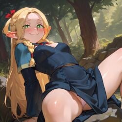 :3 ai_generated arching_back belt blonde_hair blush braided_hair dress dungeon_meshi elf elf_ears elf_female forest forest_background green_eyes invitation long_hair long_sleeves looking_at_viewer marcille_donato medium_breasts outdoors panties parted_bangs plopendil seductive_pose shiny_skin showing_panties sitting smile smug_face solo solo_female spread_legs thin_eyebrows tied_hair