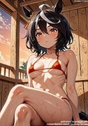 ahoge ai_generated animal_ears arm_support bangs bare_shoulders bikini black_hair blush breasts breasts_apart clavicle cleavage closed_mouth clothing collarbone crossed_legs day female female female_only hair_between_eyes horse_ears horse_girl horse_tail indoors jousneystudio kitasan_black_(uma_musume) kitasan_black_(umamusume) large_breasts looking_at_viewer medium_breasts micro_bikini multicolored_hair navel orange_eyes orange_sky outdoors red_bikini red_eyes red_swimsuit short_hair sitting sky small_breasts solo stomach streaked_hair sunset sweat swimsuit tail thighs two-tone_hair uma_musume_-_pretty_derby umamusume umamusume_pretty_derby water wet white_hair