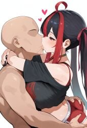 1boy 1girl ahoge ai_generated black_hair blush clothed_female_nude_male female gx_aura heart hug kissing large_breasts long_hair male red_eyes red_hair saliva straight tongue_kiss twintails virtual_youtuber