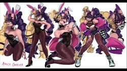 1girls 2025 absurd_res ayaka_(athighhighguy) bangs bensadfleck black_lips blonde_hair braided_hair bunny_ears bunnysuit choker clothed clothing commission crop_top dark_purple_hair detached_collar eyelashes eyeliner female female_only fishnet_pantyhose fishnets grin grinning_at_viewer hand_on_hip heels horns jacket jacket_off_shoulders jean_shorts kneeling long_hair looking_at_viewer mouth_mask multiple_views neck_ribbon oni oni_female oni_horns pantyhose purple_hair red_eyes shoes short_shorts smiling smiling_at_viewer solo thick_thighs tied_hair two_tone_hair v_sign white_background widescreen wrist_cuffs