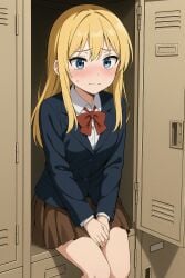 ai_generated anime anime_girl ashamed blonde_hair blue_eyes female girl locked locker school school_girl school_uniform slave slave_girl white_girl yellow_hair