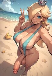 1futa 1girls ai_generated balls beach big_penis blonde_hair blue_eyes bluebewwy breasts crown earrings erection futa_only futanari huge_cock intersex large_breasts lips long_hair looking_at_viewer mario_(series) peace_sign penis princess_rosalina selfie sling_bikini smile solo standing testicles thick_thighs veiny_penis water