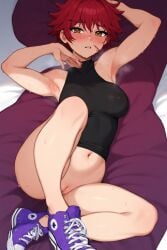 1female 1girls ai_art ai_generated armpit armpit_fetish armpits arms_up ayra_c black_shirt breasts converse converse_shoes dark_red_hair golden_eyes medium_breasts nick141 purple_shoes pussy red_hair sleeveless sleeveless_shirt sweat sweatdrop tomboy white_skin