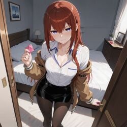 1girls ai_generated bed bedroom cleavage condom makise_kurisu shirt skirt smirk standing stockings