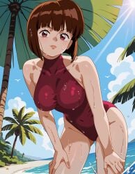 2025 ai_generated anime beach_background beach_umbrella black_eyebrows brown_hair_female crunchyroll deviantart elryusam eyebrows_visible_through_hair hands_on_legs looking_at_viewer meta nabiki_tendo not_porn orange_lipstick pink_cheeks ranma_1/2 red_eyes_female red_swimsuit sky_background smile_at_viewer smiling_at_viewer wet_body wet_hair wet_skin wet_swimsuit