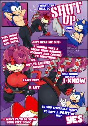 absurd_res anthro archie_comics belt belt_buckle blue_body blue_fur bodily_fluids breasts buckle chair cleavage clothed clothed_anthro clothed_female clothing comic dialogue duo echidna english_text eulipotyphlan female fully_clothed fully_clothed_anthro fully_clothed_female fur furniture green_eyes hair hedgehog hi_res leather leather_clothing lien-da lounging male mammal monotreme purple_eyes purple_hair quills_(anatomy) red_body red_fur sega sonic_(series) sonic_the_hedgehog sonic_the_hedgehog_(archie) sonic_the_hedgehog_(comics) sonic_the_hedgehog_(series) sweat sweatdrop table text tinydevilhorns yelling