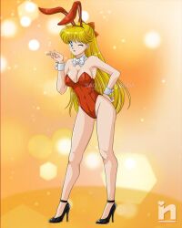 1girls alluring animal_ears bishoujo_senshi_sailor_moon blonde_hair blue_eyes bow bowtie bunnysuit detached_collar fake_animal_ears female female_focus full_body hairbow high_heels leotard long_hair looking_at_viewer medium_breasts minako_aino one_eye_closed orange_bow orange_leotard playboy_bunny rabbit_ears saotome_nanda smile solo standing strapless strapless_leotard toei_animation winking_at_viewer wrist_cuffs