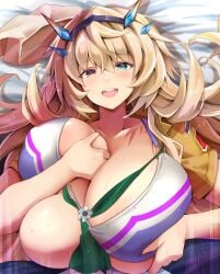 1boy asahi_(fullmetal_madness) bare_shoulders barghest_(fate) barghest_(swimsuit_archer)_(final_ascension)_(fate) barghest_(swimsuit_archer)_(first_ascension)_(fate) bikini blonde_hair blush boy_on_top breasts breasts_squeezed_together cleavage collarbone fate/grand_order fate_(series) female green_eyes grey_hat hat heterochromia horns huge_breasts long_hair looking_at_viewer male multicolored_bikini neckerchief open_mouth paizuri red_eyes shirt short_sleeves smile straddling_paizuri straight swimsuit white_bikini yellow_shirt