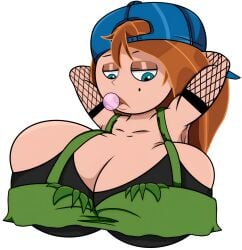 arm_socks armpits arms_behind_head arms_up big_boobs big_breasts black_clothing blue_eyes bubble_gum cap cosplaying_as_character crossover_cosplay disney edit green_clothing huge_breasts kim_possible kimberly_ann_possible krista_sparks mole_under_eye orange_hair sexy_clothing sexy_pose torn_clothes transparent_background twisted_metal twisted_metal_2 unknown_artist