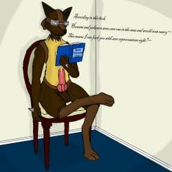absurd_res animal_genitalia animal_penis anthro bodily_fluids book canine_genitalia canine_penis eyewear fan_character generation_4_pokemon genital_fluids genitals glasses hi_res knot looking_at_viewer lucario luci_(valus_shadewalker) male male_only nintendo penis pokemon pokemon_(species) precum simple_background sitting solo solo_male talking_to_viewer valus_shadewalker