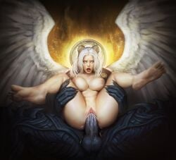 1boy 1girls angel angel_girl angel_wings barefoot breasts cloak cum cum_in_pussy cum_inside demon disciples_2 female halo legs_up male open_mouth reverse_suspended_congress sex silver_eyes silver_hair straight unseen_male_face vaginal_penetration wings xiodor