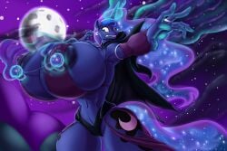 anthro areola big_breasts blue_body blue_eyes blue_hair blues64 breasts camel_toe cape clenched_teeth clothing cutie_mark ear_piercing equid equine ethereal_hair ethereal_tail female friendship_is_magic full_moon glowing hair hasbro hi_res horn huge_breasts hyper hyper_breasts magic mammal moon my_little_pony mythological_creature mythological_equine mythology nipple_outline nipple_piercing nipples piercing princess_luna_(mlp) ring simonaquarius solo sparkles star teeth unicorn