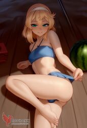 1boy 2d ai_generated ass bangs barefeet big_ass bikini blonde_hair bridget bulge erection erection_under_clothes erophoenix feet femboy full_body green_eyes guilty_gear looking_at_viewer looking_back male male_focus navel nude otoko_no_ko pale_skinned_male patreon_username penis sitting smile soles solo solo_male sweat swimsuit thick thick_thighs toes uncensored