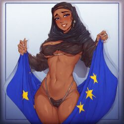 1girls ai_generated blue_eyes blush dark-skinned_female dark_skin european_union female hijab hijabi human looking_at_viewer