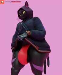 3d_(artwork) anthro asian_mythology barely_visible_genitalia biped camseven clothed clothing clothing_lift cybernetic_hand cybernetics digital_media_(artwork) domestic_cat east_asian_mythology empty_eyes epic_games fangs felid feline felis forked_tail fortnite fur furgonomic_hoodie furgonomics genitals hi_res hoodie hoodie_lift japanese_mythology machine male male_focus male_only mammal multicolored_body multicolored_fur mythology nekomata notched_ear nyanja_(fortnite) panties patreon patreon_logo pink_background purple_body purple_fur red_clothing red_panties red_underwear simple_background solo tail teeth topwear two_tone_body two_tone_fur underwear unusual_anatomy unusual_tail whiskers yellow_eyes yokai