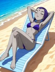 2025 ai_generated beach_background belly black_eyebrows cartoon_network closed_eyes closed_mouth dc dc_comics dcau deviantart elryusam forehead_jewel grey_body grey_skin jewel_on_forehead lying_on_chair meta not_porn purple_bikini purple_hair_female raven_(dc) raven_(teen_titans) teen_titans tummy
